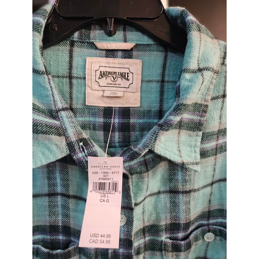 NWT American Eagle Turquoise Purple Plaid Western festival Cropped Flannel